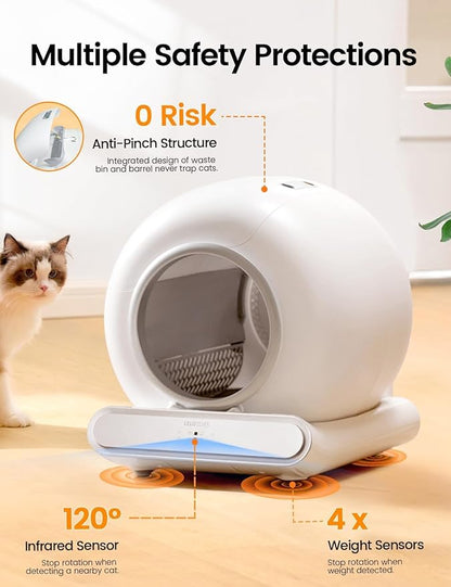 Self Cleaning Cat Litter Box, Ultra-Safe Protection Automatic Cat Litter Box, APP Control/Lower Entry/Large Capacity with 3 Rolls Liners & Mat