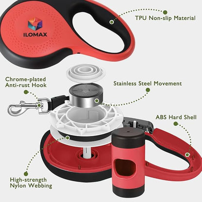 ILOMAX 360° Tangle-Free Retractable Dog Leash Built-in Waste Bag Dispenser Under Handle 2 Rolls Poop Bags Included Heavy Duty Tape Leash for Dogs up to 50kg Carry Pouch Included.26ft (Red, XL)