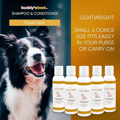 Buddy’s Best 4oz Travel-Size Dog Shampoo and Conditioner with Shea Butter, Oatmeal, Biotin, and Aloe Vera, Alcohol-Free Deep Moisturizer for Dry, Itchy Skin and Coats (Ripe Melon)