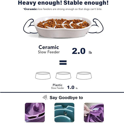 Ceramic Slow Feeder Cat Dog Bowls - Unique Fishbone Fun Interactive Design Feeder Bowl,Preventing Pet Feeder Anti Gulping Healthy Eating Diet Pet Bowls Against Bloat,Indigestion and Obesity