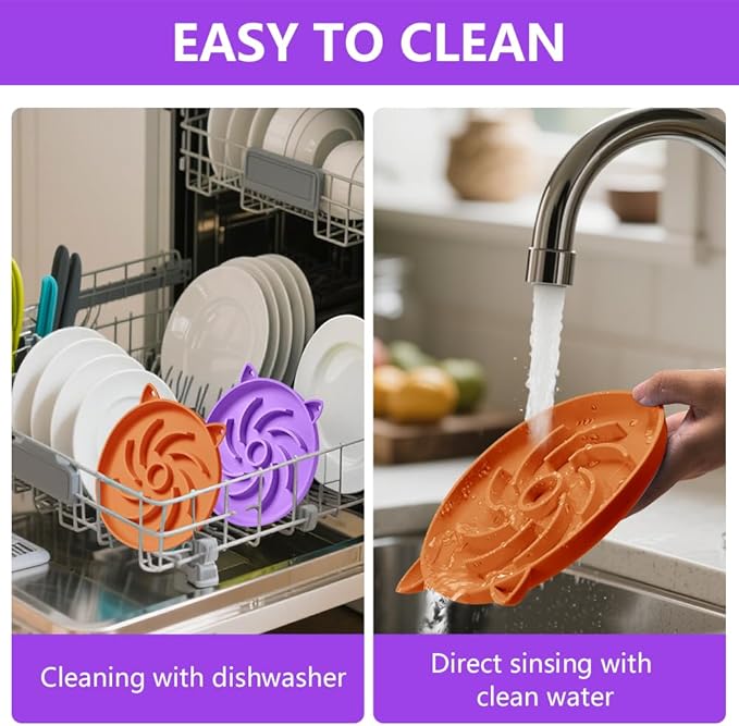 2Pcs Slow Feeder Cat Bowl,Puzzle Feeder,Interactive Toys,Slow Feeding cat Bowl Suitable for All Dry and Wet Foods,Easy to Clean Silicone Bowls (Orange and Purple)