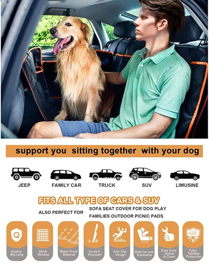 Dog Car Seat Cover, Convertible Dog Hammock Scratchproof Pet Car Seat Cover with Mesh Window, Storage Bag and Seat Belts, Durable Nonslip Dog Seat Cover for Cars Trucks SUVs (Black)