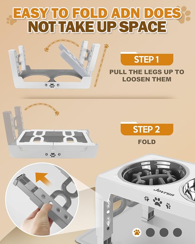 Elevated Dog Bowls for Medium Size Dogs with Mat, Non-Slip Dog Feeder with 1*Stainless Steel Dishes & 1*Slow Feeder Bowl, 5 Heights Adjustable Raised Bowls for 3.15″-8.66″-9.84″-11.02″-12.2″