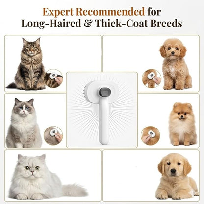 Prime Pets Long Pin Cat Brush, Self-Cleaning Slicker Brush for Indoor Cats, 3-in-1 Grooming Kit with Case for Dogs Small Animals, White