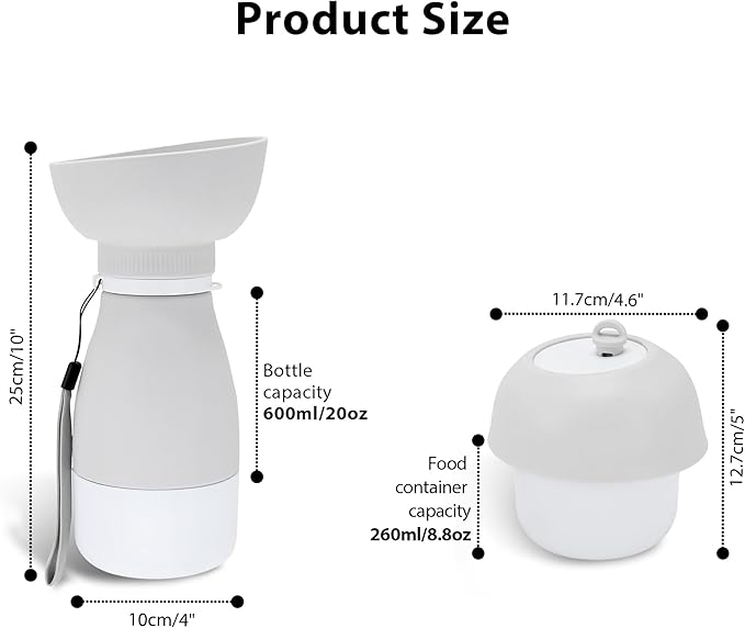 Portable Pet Water Bottle - 20 oz with 8.8 oz Food Container ,Silicone Leakproof Travel Bottle for Dogs Cats, Detachable Feeding Dish for Walking Hiking Travel Grey
