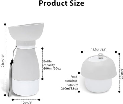Portable Pet Water Bottle - 20 oz with 8.8 oz Food Container ,Silicone Leakproof Travel Bottle for Dogs Cats, Detachable Feeding Dish for Walking Hiking Travel Grey