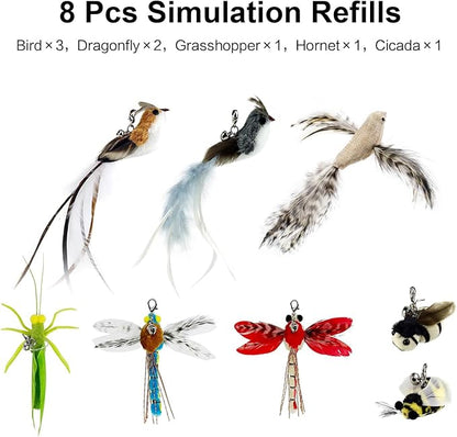 TTcat Cat Toys Suction Cup,2 Cat Wand Toys,8Pcs Birds and Insects Dragonfly Grasshopper Simulation Feather Refills with Bells, Interactive Cat Toys for Indoor Cats and Kitten.