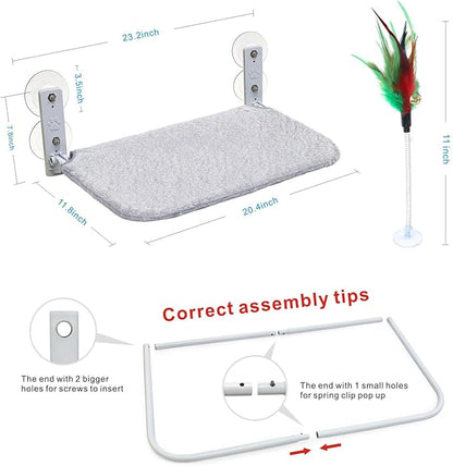 Idepet Cat Window Perch Cordless Foldable Cats Hammock Bed with Interactive Toys,Suction Cups,Reversible Cover Keep Pets Cool Warm for Summer Winter,Indoor Kitten Resting Seat(Gray&Black, 1 Pack)