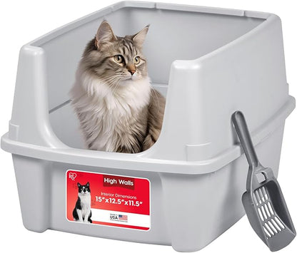 IRIS USA Large Open Top Cat Litter Box with High Sided Walls Tall Scatter Shield Scoop Included Easy Clean Plastic Pan Stain Resistant for Big Cats Kittens Indoor Multi-Cat Households