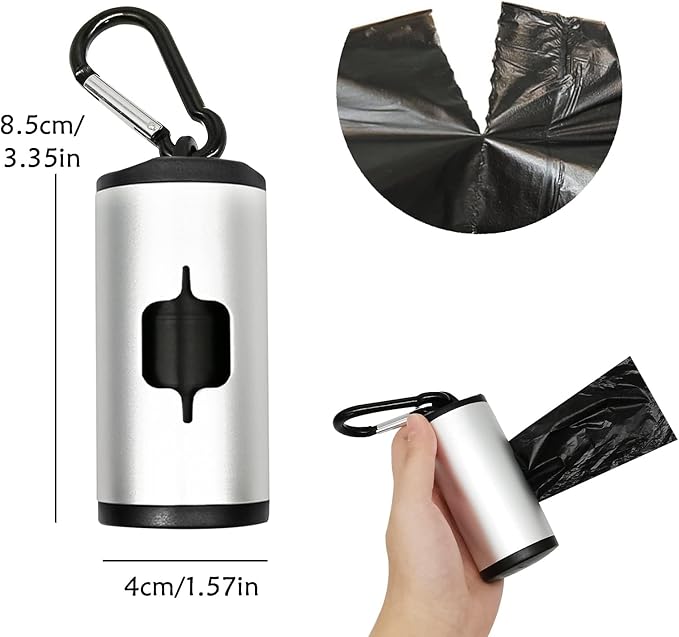 Aluminum Dog Poop Bags Holder with Carabiner Metal Pet Waste Bags Dispenser with Hook and Loop Fastener and Elastic Cord to Carry Used Bags (Silver)