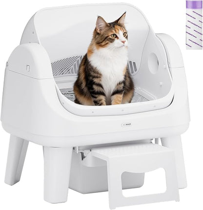 PetPivot Open Top Self Cleaning Cat Litter Box, Automatic Litter Box with 7 Pairs of Safety Sensors, Anti-Pinch Protection and Easy Access Step for Senior Cats, White