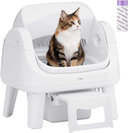 PetPivot Open Top Self Cleaning Cat Litter Box, Automatic Litter Box with 7 Pairs of Safety Sensors, Anti-Pinch Protection and Easy Access Step for Senior Cats, White