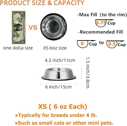 2 Pack Stainless Steel Dog Bowls with Rubber Bottom,Anti-Slip Heavy Duty Premium Quality Pets Feeder Bowls for Dogs and Cats and More (¾Cup / 6oz)