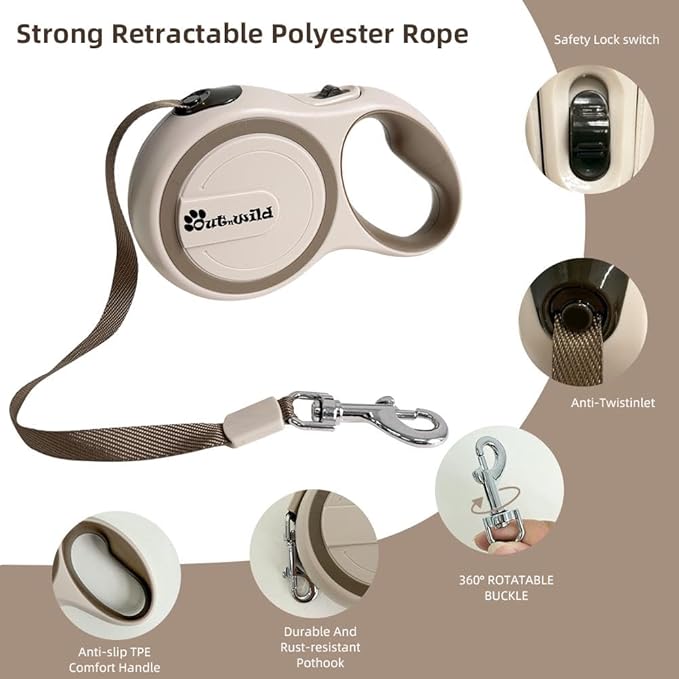 OUTnWILD Retractable Dog Leash - Retractable Dog Leash 16ft for Small/Medium Breeds/Pets Up to 44lbs. 360° Tangle Free Design with One Touch Quick-Lock Braking System&Anti-Slip Handle. (Khaki, M)