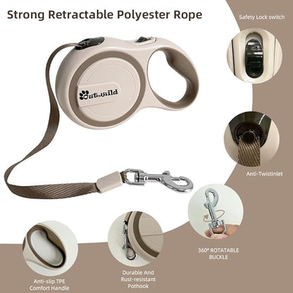 OUTnWILD Retractable Dog Leash - Retractable Dog Leash 16ft for Small/Medium Breeds/Pets Up to 44lbs. 360° Tangle Free Design with One Touch Quick-Lock Braking System&Anti-Slip Handle. (Khaki, M)