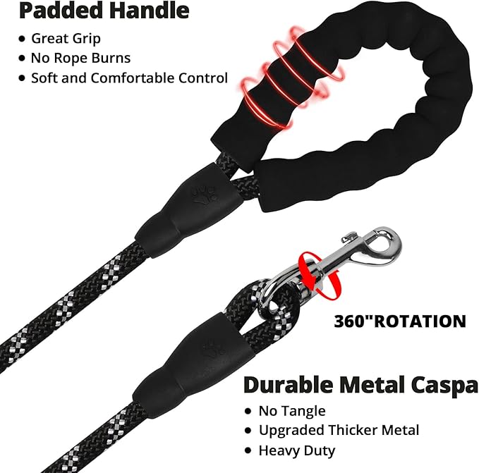 Rope Dog Leash 5 FT: Heavy Duty Leashes with Swivel Lockable Hook Reflective Threads Bungee and Padded Handle - Dog Lead for Large Small Medium Dogs Outside Walking Hiking Black