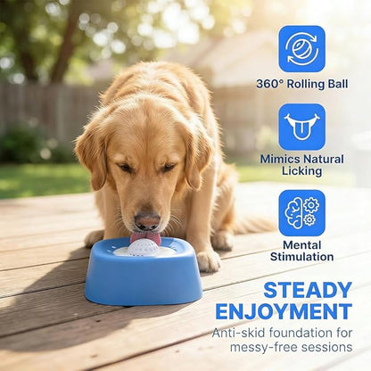Lick and Roll Slow Feeder Bowl for Dogs, Food-Grade Rubber, Interactive Treat Feeding, Anti-Slip, Built-in Ball Roller, for Small, Medium and Large Breeds (2Pcs-Blue)