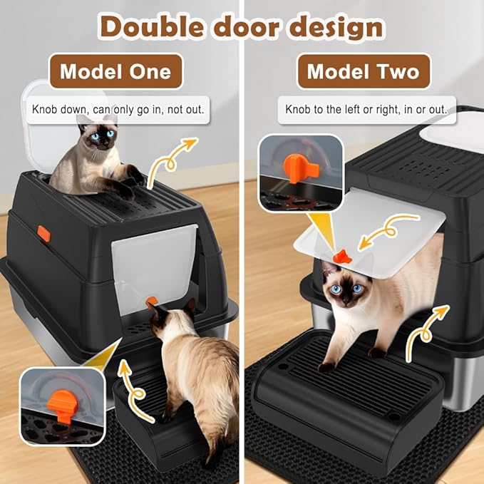 Vivifying Stainless Steel Litter Box with Lid, XL Front Entry Enclosed Extra Large Litter Box for Big Cats & Kitty, Top Exit Metal Cat Pan with Scoop, Mat, Footboard, Charcoal Filter (Black)