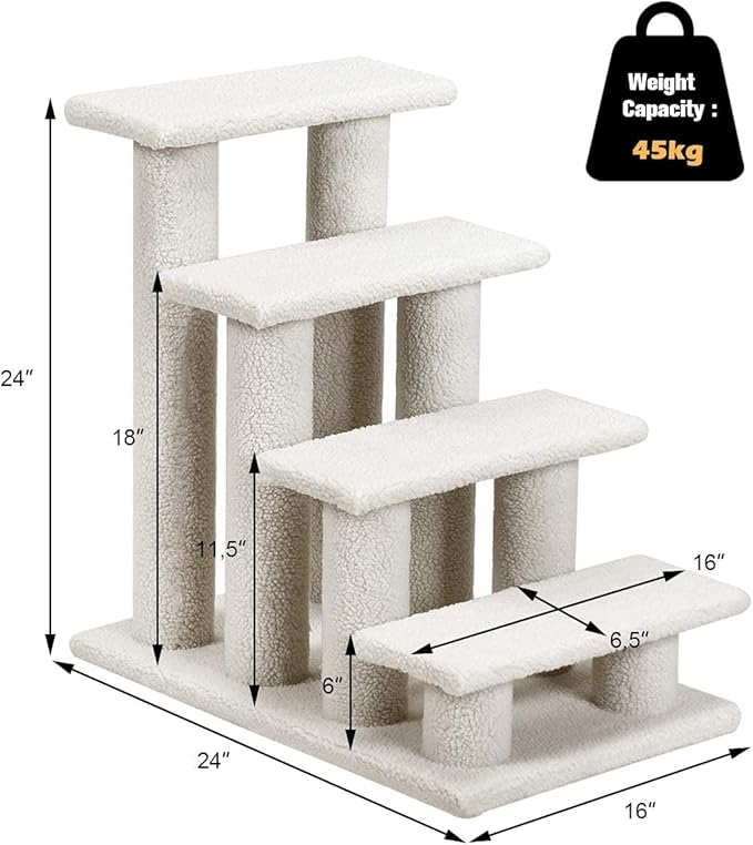 Tangkula Pet Stairs for Cats and Dogs, 4-Step Carpeted Ladder Ramp Cat Climber Cat Scratching Post, Multi-Step Dog Stairs for High Beds, Couch (Grayish White)