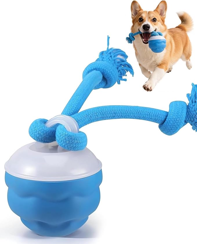 Interactive Dog Toys with Rope -Smart Dog Ball Built-in Barking Sound, Motion Activated USB-C Rechargeable Dog Toy with 3 Play Modes for Medium & Large Dogs (Blue)