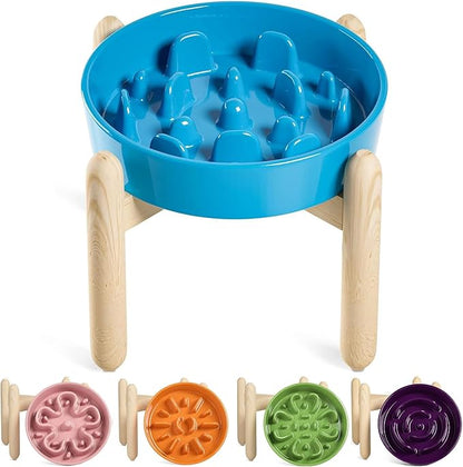 LE TAUCI Ceramic Slow Feeder Dog Bowls Elevated, 3 Cup Raised Bowl with Wooden Stand for Medium Large Breed, Slow Down Eating, Puzzle Dog Food Bowl,Vortex Blue
