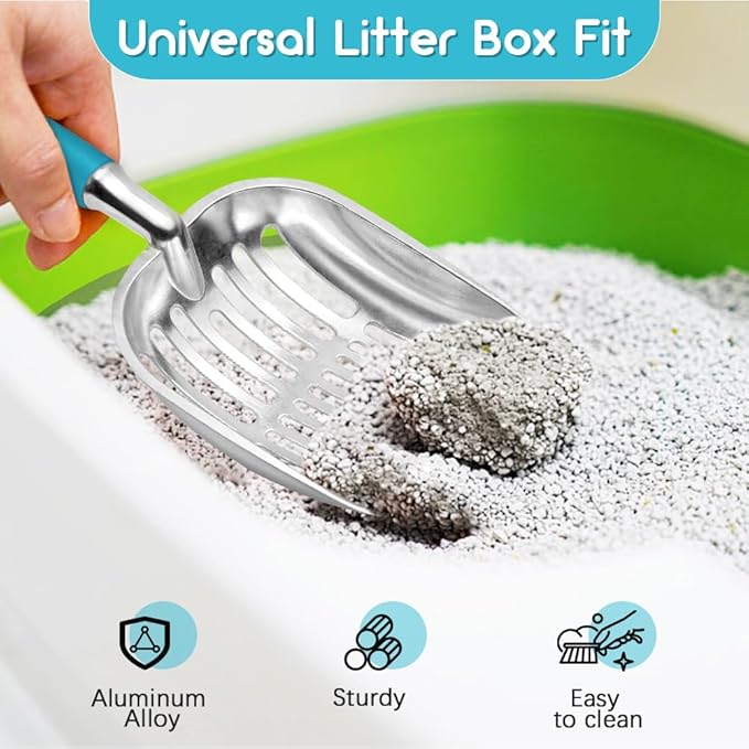 Cat Litter Scoop, Metal Cat Scooper, Plastic Handle Scoop, Sifting Shovel of Christmas– Heavy Duty Aluminum Alloy Litter Box Scoop with Deep Mesh, Design for Easy Waste Removal and Cleaning(Lake Blue)