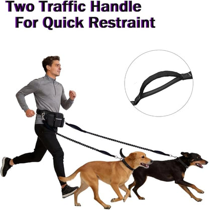 Hands Free Dog Leash for 2 Dogs, Adjustable Waist Belt, Reflective Stitching Leash with Double Padded Handles for Running, Hiking
