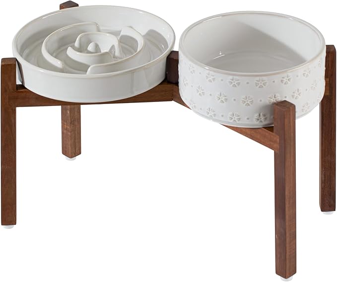 Ceramic 3.2 Cup Raised Slow Feeder Dog Bowl Set, Elevated 8.2inch Bowl and 9.5inch Dish with Acacia Wood Stand for Large Dog, Stop Bloat(2 x Reactived Glaze -White+ Stand)