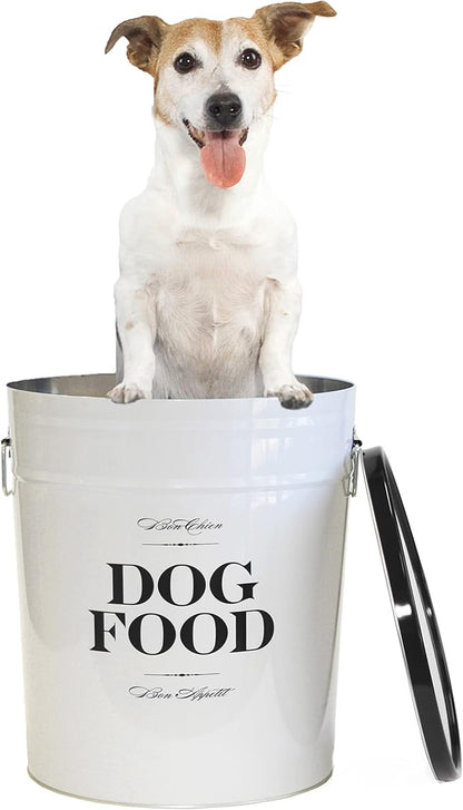 Harry Barker Bon Chien Dog Food Storage Canister – Medium 6.5 gallons, Airtight Stainless Steel Pet Food Container, Stylish Kitchen Counter Dog Kibble Storage with Easy-Open Lid - White