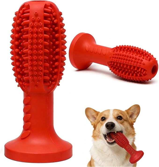 Dog Chew Toys, Interactive Suction Cup Toothbrush Chew Toy for Puppy Teething, Rubber Teeth Cleaning Stick with Treat Holder for Small and Medium Dogs (Red)