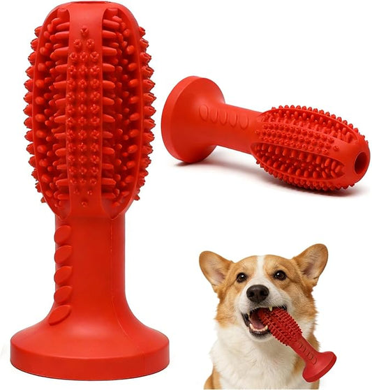Dog Chew Toys, Interactive Suction Cup Toothbrush Chew Toy for Puppy Teething, Rubber Teeth Cleaning Stick with Treat Holder for Small and Medium Dogs (Red)