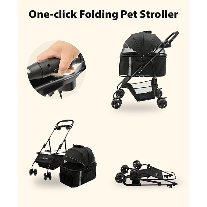 Pet Stroller with Removable Carrier, 3 in 1 Stroller for Dogs, Pet One-Click Foldable Pet Stroller with 4 Wheel, Small Dog Stroller Holds up to 33 lbs, Cup Holder, Cat Stroller, Black