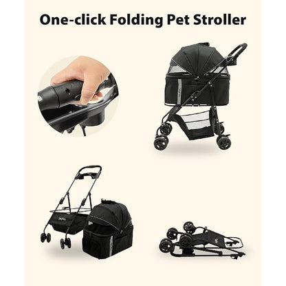 Pet Stroller with Removable Carrier, 3 in 1 Stroller for Dogs, Pet One-Click Foldable Pet Stroller with 4 Wheel, Small Dog Stroller Holds up to 33 lbs, Cup Holder, Cat Stroller, Black