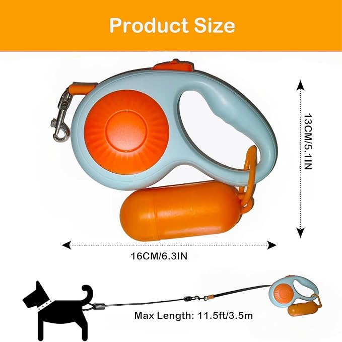 Double Dog Leash for Walking 2 Small Dogs (Up to 33 Lbs Each), Dual Retractable 9.8ft Extendable Strong Nylon Tape Pet Leash with Poop Bags, One-Handed Brake, Pause, Lock (Orange)