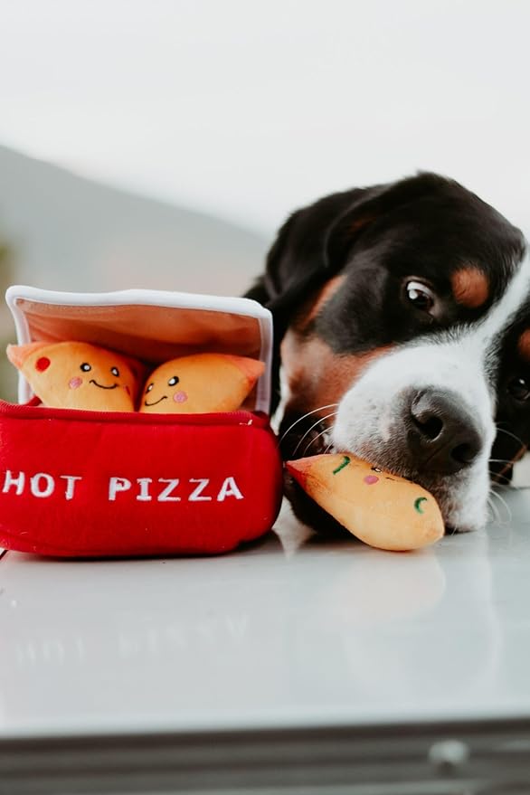 ZippyPaws Burrow- Interactive Dog & Puppy Toys for Boredom, Stimulating Pet Products to Keep Them Busy, Hide & Seek Plush Dog Puzzle, Enrichment Squeaky Toy, for Small & Medium Dogs- Pizza Box