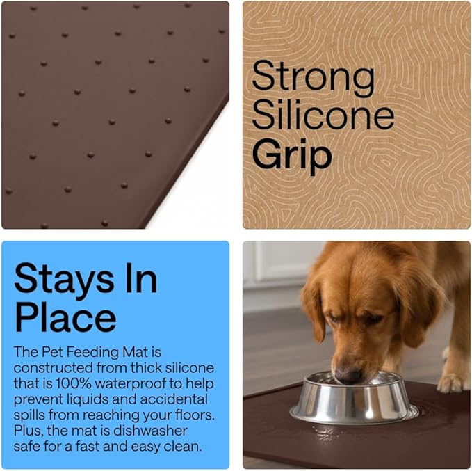 GORILLA GRIP 100% Waterproof Raised Edge BPA Free Silicone Pet Feeding Mat, Dog Cat Food Mats Contain Spills Protects Floors, Placemats for Cats and Dogs Water Bowl, Pets Accessories 18.5x11.5 Brown