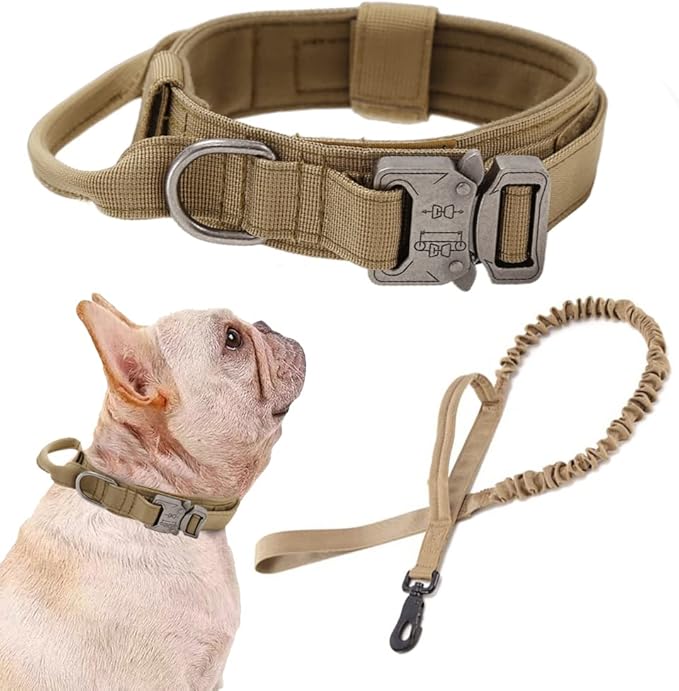 Xqpetlihai Tactical Dog Collar and Leash Set Adjustable Military Nylon Dog Collar with Control Handle and Heavy Duty Metal Buckle for Large Dogs （Brown S