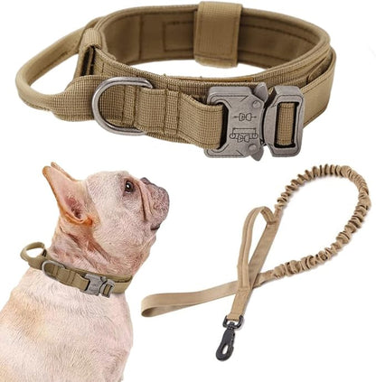 Xqpetlihai Tactical Dog Collar and Leash Set Adjustable Military Nylon Dog Collar with Control Handle and Heavy Duty Metal Buckle for Large Dogs （Brown S