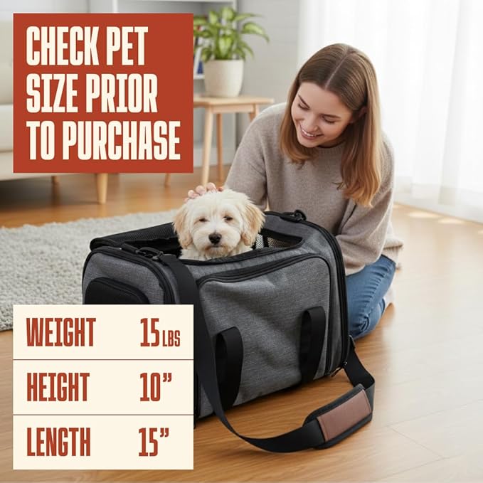 Soft Sided Pet Carrier for Small Dogs & Cats (Up to 9 lbs) – Airline Approved Underseat Travel Bag with Breathable Mesh, Luggage Strap & Washable Mat – Compact & Lightweight, Grey