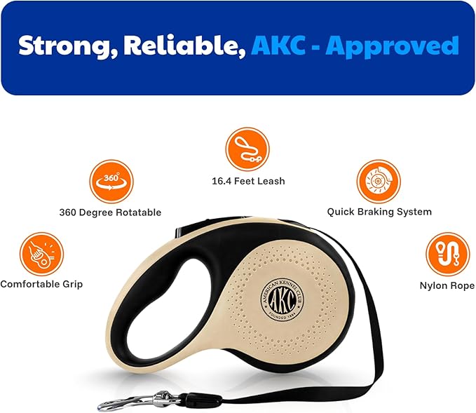 American Kennel Club Heavy Duty Retractable Dog Leash, 16.4ft, Tangle-Free, Ergonomic Grip, One-Hand Brake, for Medium & Large Dogs up to 110 lbs Tan