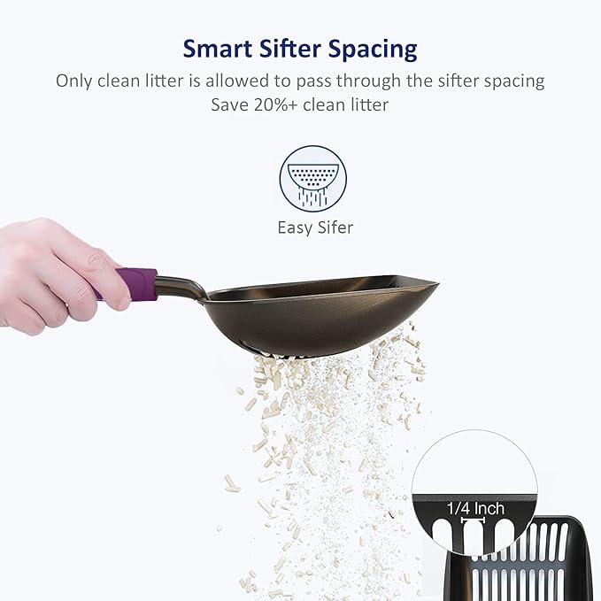 WePet Cat Litter Scoop, Non-Stick Plated Aluminum Alloy Sifter, Kitty Durable Metal Scooper, Deep Shovel, Long Handle, Kitten Pooper Lifter, Size Large, Coated Black Body with Violet Handle