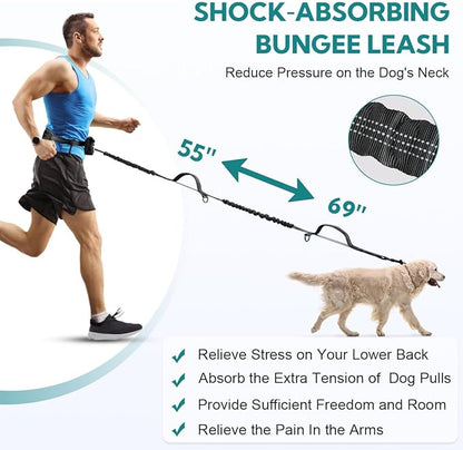 Hands Free Dog Leash with Pouch, Retractable Bungee with Double Padded Handles, Dog Leashes with Bungee for Medium & Large Puppy