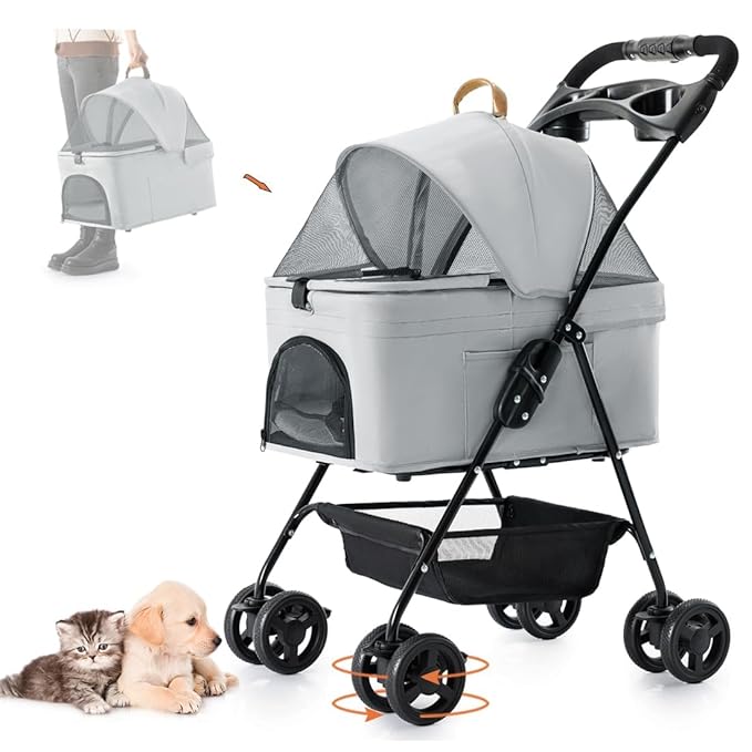 3-in-1 Pet Stroller for Small Dogs and Cats, Folding Lightweight Dog Stroller with Detachable Carrier Portable Cat Puppy Jogging Stroller with Cup Holder and Storage Basket, 4 Wheels
