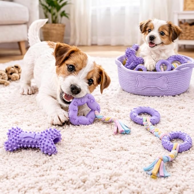 Chew Toys, 6 Pcs Soft Rubber Teething Toys for Small Dogs, Eco-Friendly Interactive Dog Toys, Teeth Cleaning, Cute Purple Design
