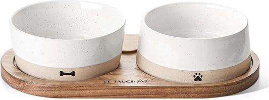 LE TAUCI PET Dog and Cat Bowl Set with Acacia Wood Tray - 2 Cup Ceramic Puppy Bowls for Cats &Small Dogs, Dual Food and Water Bowls with Weighted Non-Slip Base