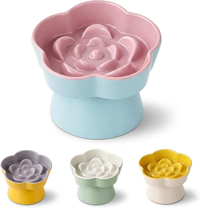 Ceramic Elevated Slow Feeder Cat Bowl, Raised and Gently Tilted Feeding Dish with Maze Design, Whisker-Friendly, Easy to Clean, for Indoor Cats and Small Dogs (Blue/Pink)
