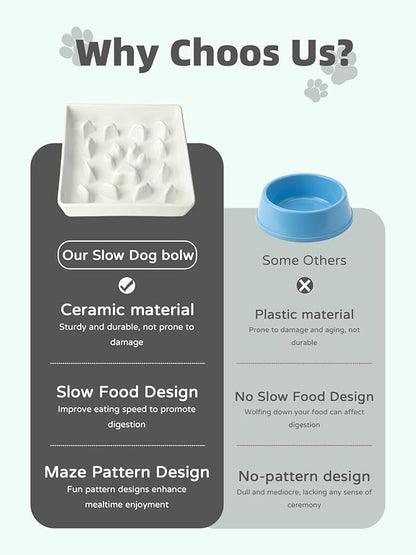 Ceramic Slow Feeder Dog Bowl, 1.8 Cup Fun Pet Food Dish for Small & Medium Breeds to Slow Down Eating, Anti-Gulping, Stop Bloat, Preventing Choking (White)