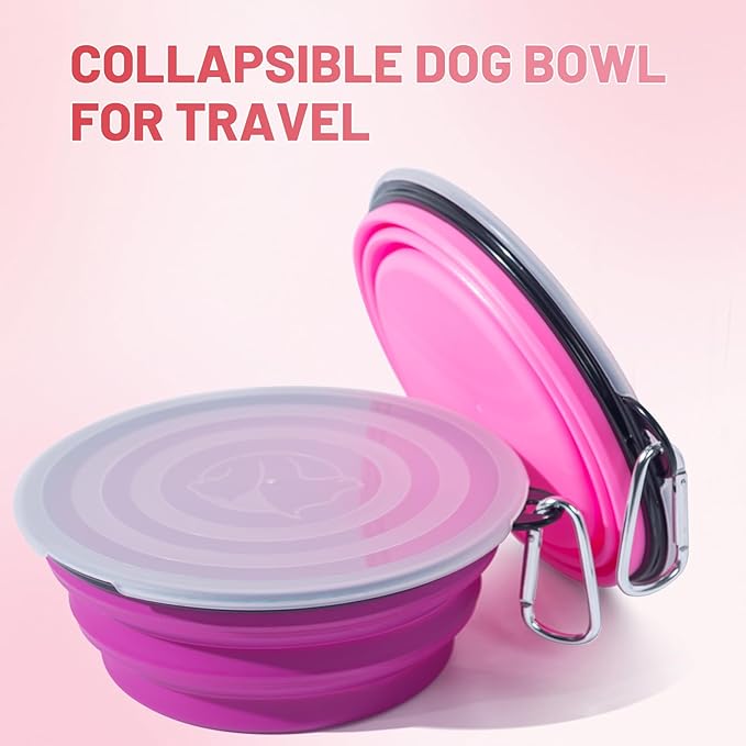 SLSON Dog Bowls Pet Collapsible Bowl with Cover Lids,2 Pack Dog Travel Bowls Portable Foldable Cat Water Dish Bowl for Pets Walking Parking Camping (Pink and Purple, Large)