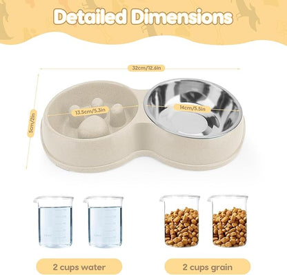 Pets Double Slow Feeder Bowls, Cats & Dogs Food Water Bowls, Stainless Steel Puppy Food and Water Dishes Non-Skid, Pet Feeding Bowl for Small Dogs Puppy Cat (White)