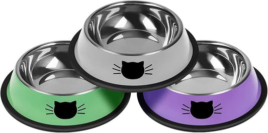 Serentive 3Pcs Cat Bowls, Non-Slip Stainless Steel, 7 Oz, Suitable for Indoor Pets, Removable Rubber Base, Lovely Color